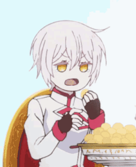 a girl with white hair and yellow eyes is sitting in a chair with a tray of eggs in front of her
