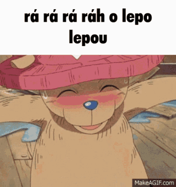 a picture of a teddy bear wearing a pink hat with the words " ra ra ra rah o lepo lepou "