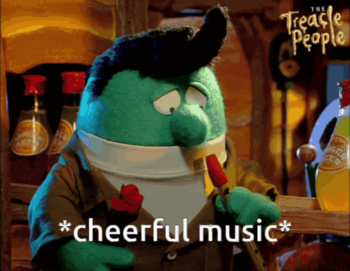 a cartoon character from the treacherous people is playing a flute and says cheerful music