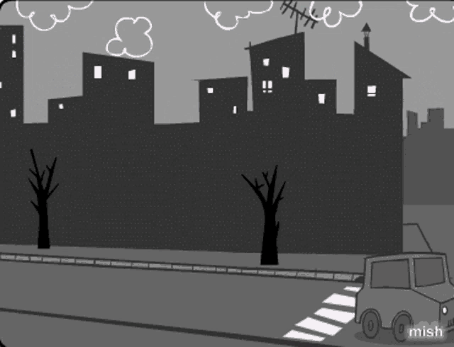 a black and white drawing of a city with the word mish in the corner