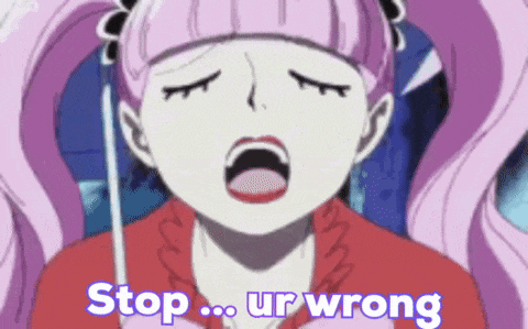 a pink haired anime girl is screaming with her mouth open and the words `` stop ... ur wrong '' written below her .