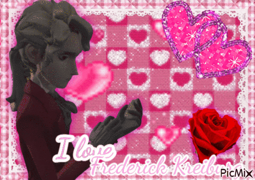 a picture of frederick kreutzer with hearts and a rose