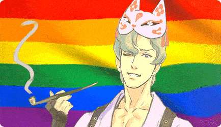 a man wearing a cat mask smoking a pipe in front of a rainbow flag