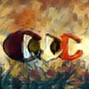 a close up of a painting of a couple kissing each other with the letter c in the middle .