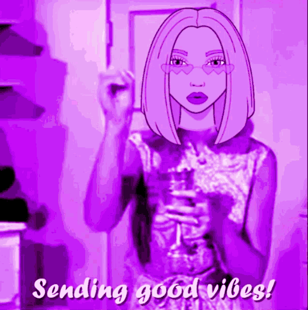 a purple cartoon of a woman with the words sending good vibes