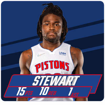 a man wearing a pistons jersey with the name stewart
