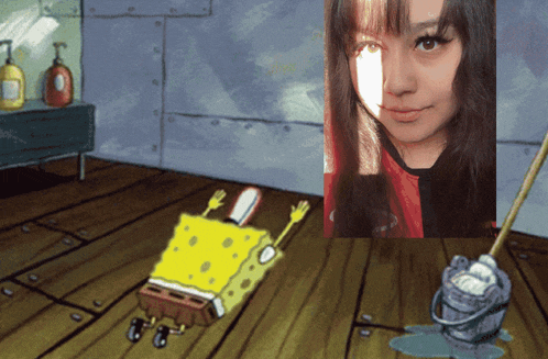 a cartoon of spongebob and a picture of a woman