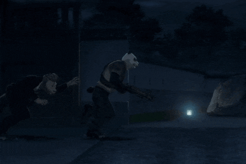a group of animals including a panda and a wolf are standing in a dark room