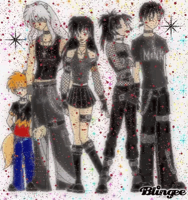 a group of anime characters are standing next to each other and the word blingee is on the bottom right