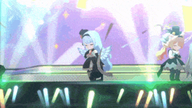 a girl with wings is dancing on a stage with a purple background