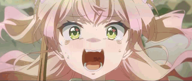a girl with pink hair and green eyes is screaming