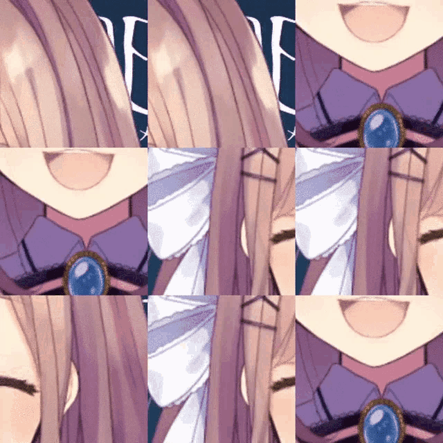 a picture of a girl with purple hair and a bow