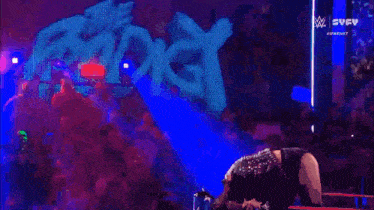 a woman in a wrestling outfit is holding a sword in the air .