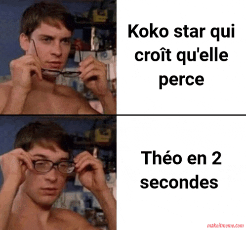 a picture of a shirtless man adjusting his glasses with the caption koko star qui croit qu ' elle perce theo en 2 secondes