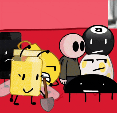 a group of cartoon characters are standing around a pool ball with the number eight on it