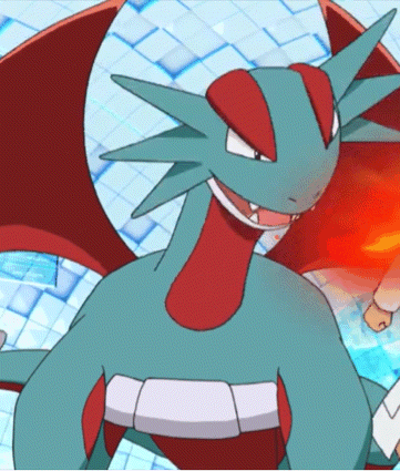 a close up of a pokemon with a red and blue head