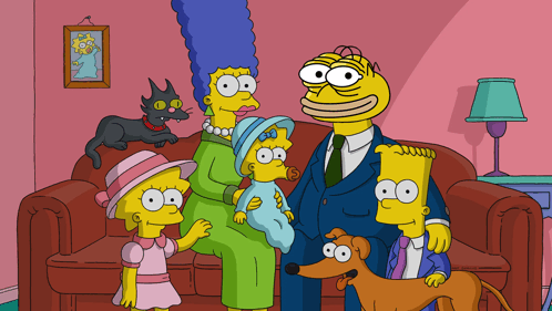 a cartoon of the simpsons posing for a picture on a couch