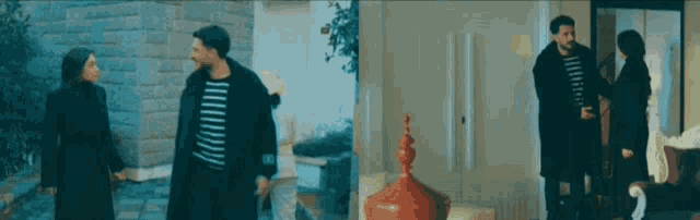 a man and a woman are standing next to each other in front of a building .