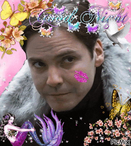 a picture of a man surrounded by flowers and butterflies with the words good night written above him