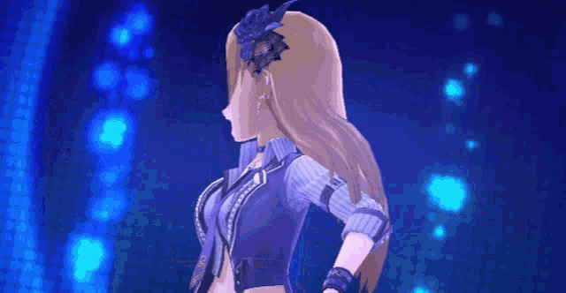 a girl with long hair and a purple flower in her hair is standing in front of a blue background