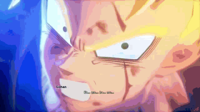 a close up of a person 's face with the word gohan on the bottom right