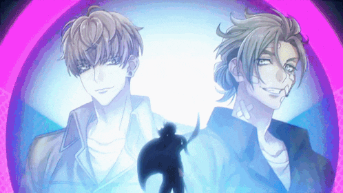 two anime characters are standing next to each other in a circle