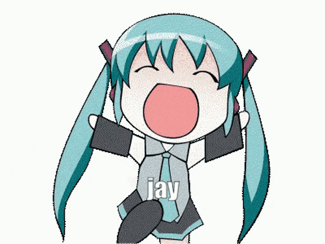a cartoon of a girl with blue hair and the word jay on her chest