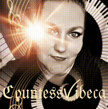 a black and white photo of a woman with the words countess vibeca