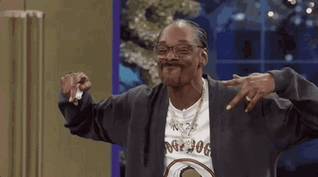 snoop dogg is wearing a gray jacket and a white t-shirt with the word dog on it