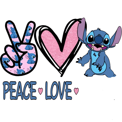 a peace sign with stitch and a pink heart behind it
