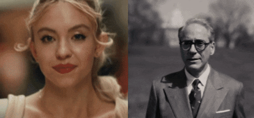 a woman with red lips and a man in a suit and tie