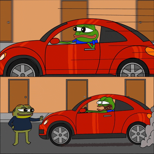 a cartoon of a frog in a red car talking to another frog