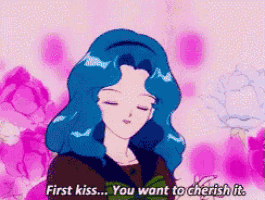a cartoon of a woman with blue hair says first kiss you want to cherish it