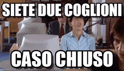 a man sitting in front of a computer with the words " siete due coglioni caso chiuso " above him