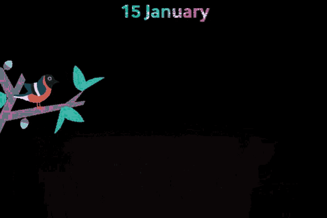 a bird sitting on a branch with the date 15 january on the bottom