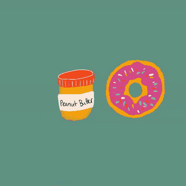 a jar of peanut butter sits next to a donut with sprinkles