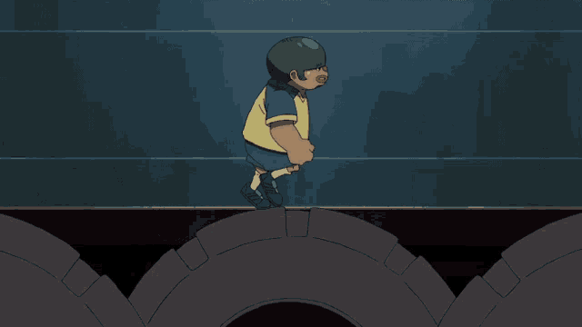 a cartoon character with a yellow shirt and green helmet is running on a track