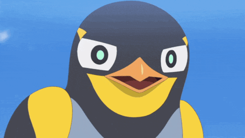 a cartoon penguin with a yellow beak and white eyes