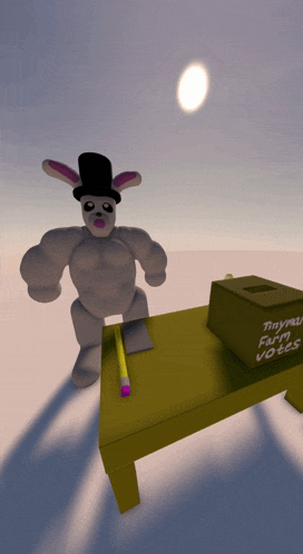 a cartoon bunny with a top hat is standing next to a box that says " drymax farm votes "