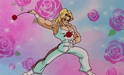 a cartoon character with a rose on his shirt
