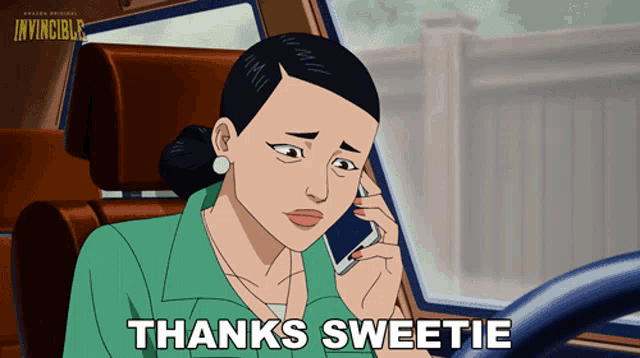 a cartoon of a woman talking on a cell phone with the words thanks sweetie above her
