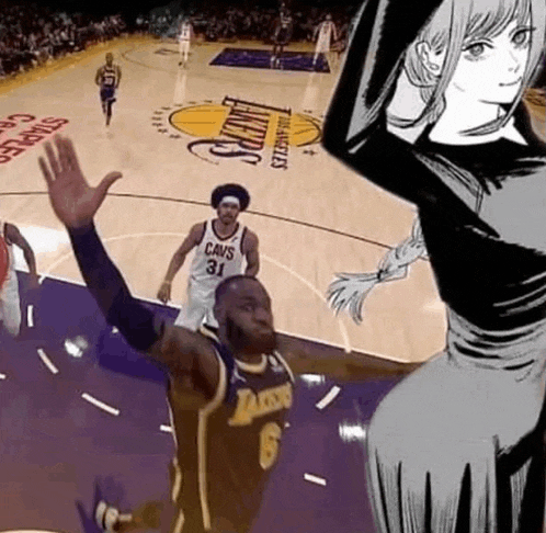 a basketball player is jumping in the air on a basketball court while a woman watches .