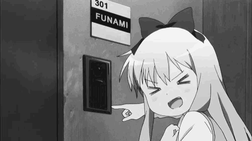 a black and white cartoon of a girl pointing at a door with a sign that says funami