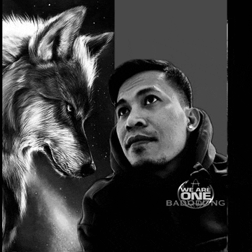 a black and white photo of a man and a wolf with the words " we are one " written on the bottom