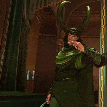 a man in a green outfit with horns is standing in a room
