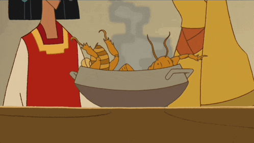 a cartoon of a woman in a red top standing next to a bowl of food