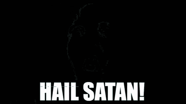 a black and white photo of three screaming demons with the words `` hail satan '' above them .