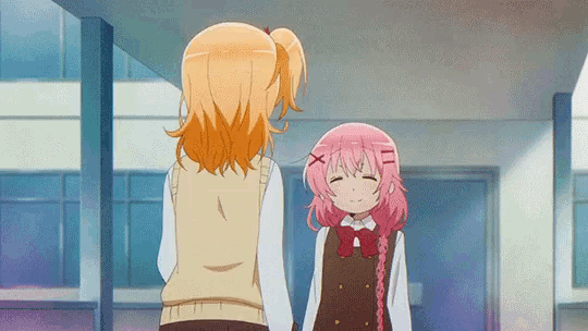 two anime girls are standing next to each other and one has an x on her head