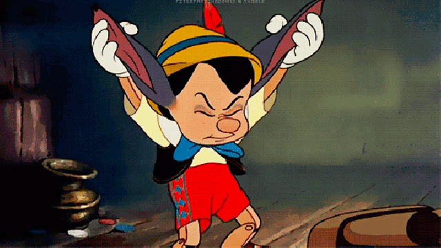a cartoon character named pinocchio is holding up his ears