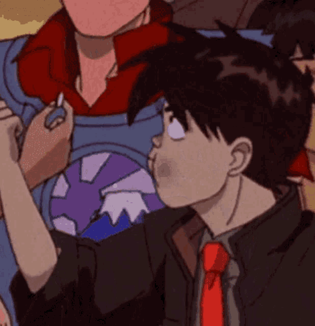 a man in a black jacket and red tie is standing in a crowd